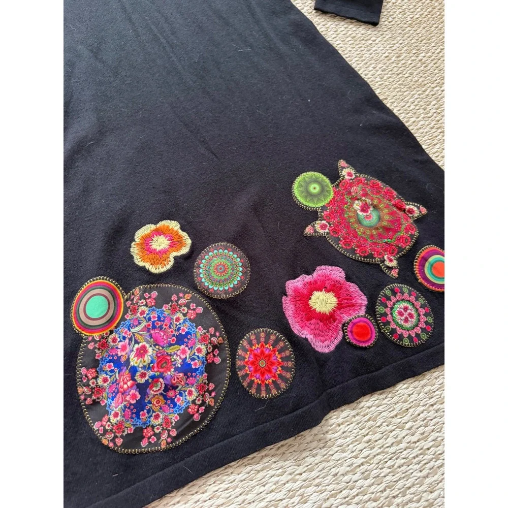 Desigual Black Long Sleeve Dress Floral Embroidery Applique Scoop Neck Y2K‎ midi
